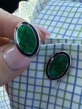 Charles Tyrwhitt Silver Green Basket Weave Hardstone Inlay Cufflinks Excellent